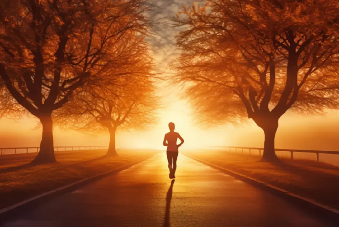 Tekač teče po osvetljeni poti med drevesi ob sončnem vzhodu ali zahodu