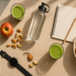 Na leseni mizi so predmeti, ki predstavljajo zdrave navade – sveže sadje, oreščki, zeleni smuti, steklenica vode, športni copati in ura, ki simbolizirajo uravnoteženo prehrano, gibanje in zdrav življenjski slog.