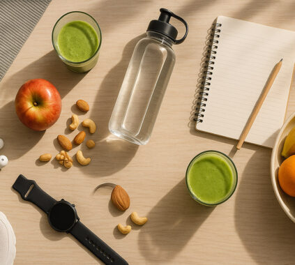 Na leseni mizi so predmeti, ki predstavljajo zdrave navade – sveže sadje, oreščki, zeleni smuti, steklenica vode, športni copati in ura, ki simbolizirajo uravnoteženo prehrano, gibanje in zdrav življenjski slog.