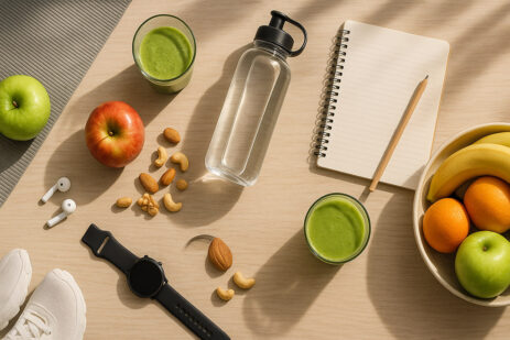 Na leseni mizi so predmeti, ki predstavljajo zdrave navade – sveže sadje, oreščki, zeleni smuti, steklenica vode, športni copati in ura, ki simbolizirajo uravnoteženo prehrano, gibanje in zdrav življenjski slog.