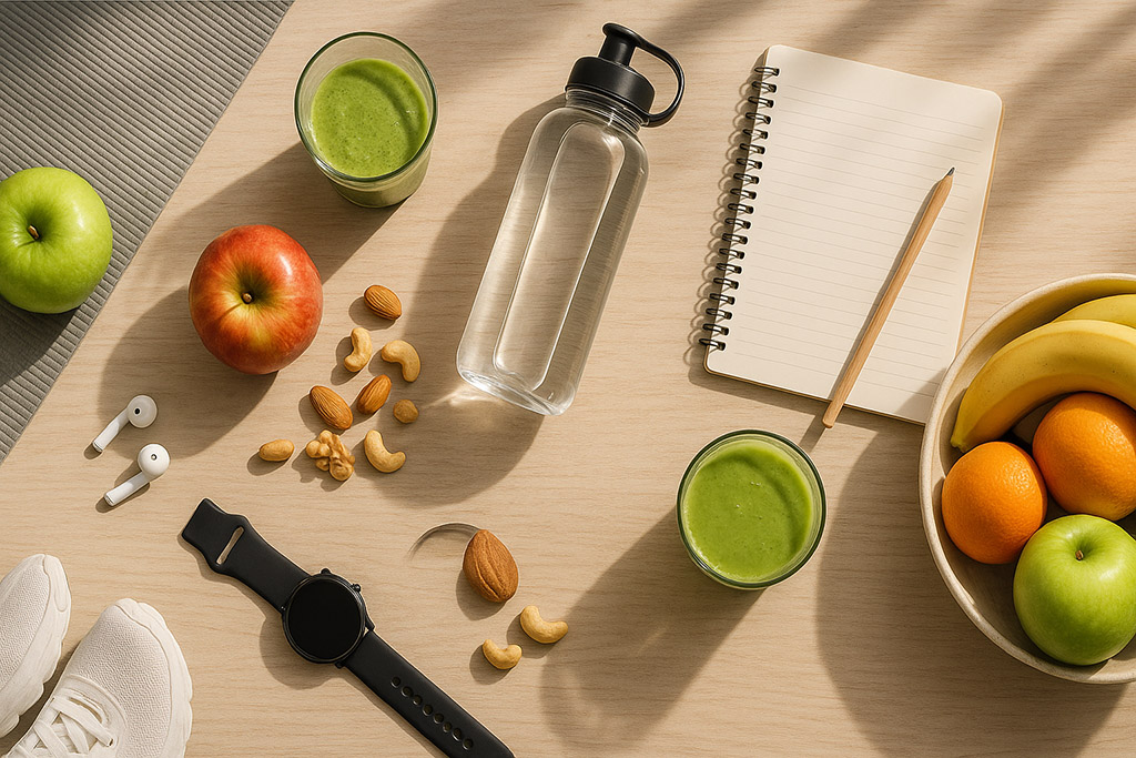 Na leseni mizi so predmeti, ki predstavljajo zdrave navade – sveže sadje, oreščki, zeleni smuti, steklenica vode, športni copati in ura, ki simbolizirajo uravnoteženo prehrano, gibanje in zdrav življenjski slog.