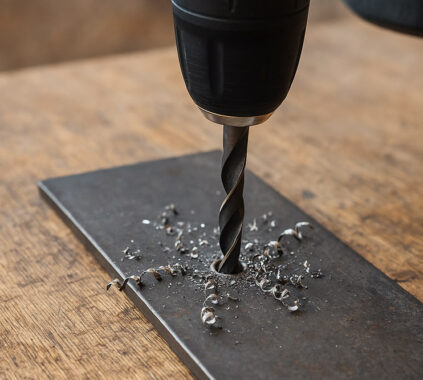 Akumulatorski vrtalnik s svedrom, ki vrta skozi kovinsko ploščo in ustvarja spiralne kovinske ostružke – prikaz delovanja, kot ga omogočajo najboljši svedri za kovino.