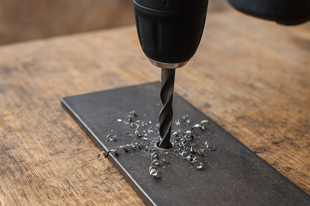 Akumulatorski vrtalnik s svedrom, ki vrta skozi kovinsko ploščo in ustvarja spiralne kovinske ostružke – prikaz delovanja, kot ga omogočajo najboljši svedri za kovino.