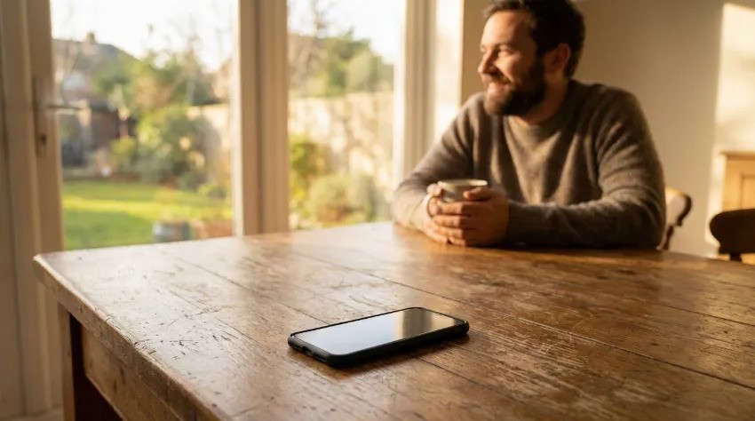 Pametni telefon obrnjen navzdol na mizi kot simbol digitalnega odklopa
