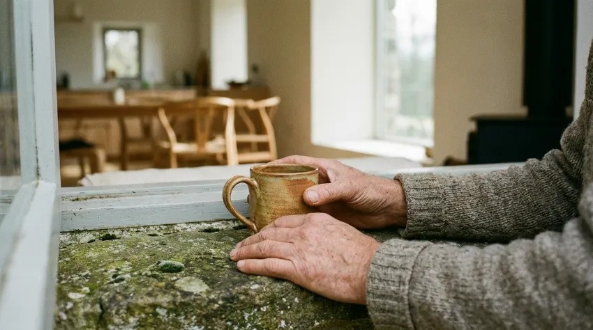 Detajl rok, ki držijo keramično skodelico kave v mirnem okolju.