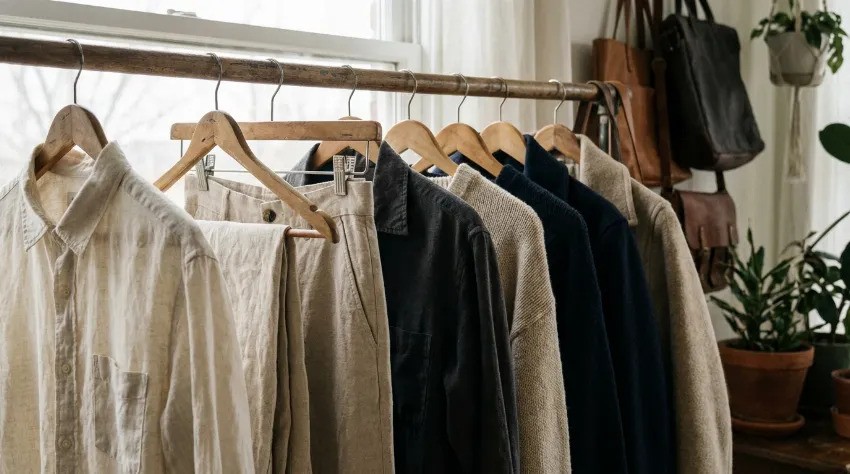 Obešalnik s kapsulno garderobo in oblačili v nevtralnih barvah