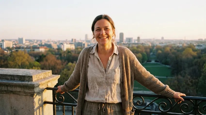 Srečna ženska gleda skozi okno in uživa v preprostem trenutku