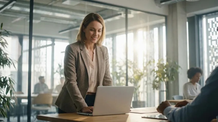 Ženska v sodobni pisarni mirno dela na prenosnem računalniku