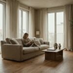 Sodobna minimalistična dnevna soba z žensko, ki bere knjigo v mirnem ambientu