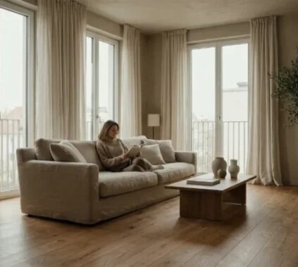 Sodobna minimalistična dnevna soba z žensko, ki bere knjigo v mirnem ambientu