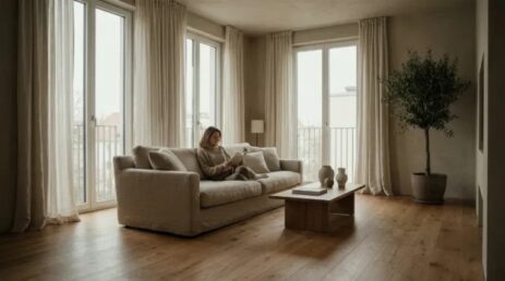 Sodobna minimalistična dnevna soba z žensko, ki bere knjigo v mirnem ambientu