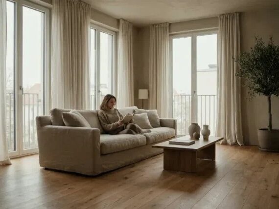 Sodobna minimalistična dnevna soba z žensko, ki bere knjigo v mirnem ambientu