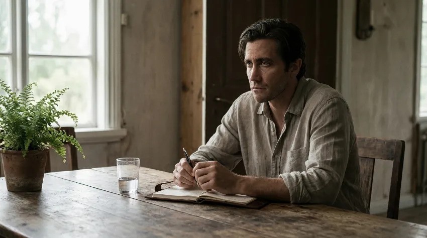 Moški zapisuje svoje misli v beležko za leseno mizo