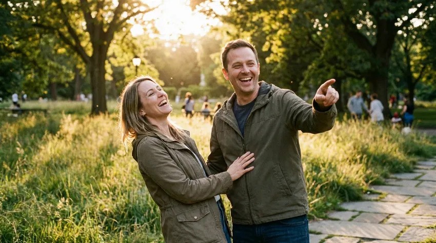 Prijatelji se smejijo in družijo v naravi ob sončnem zahodu