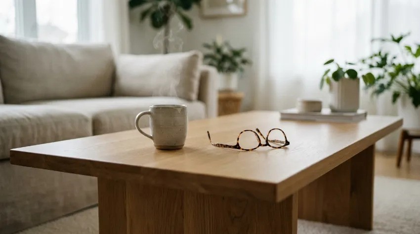 Urejenda lesena miza s skodelico čaja in očali v svetlem prostoru